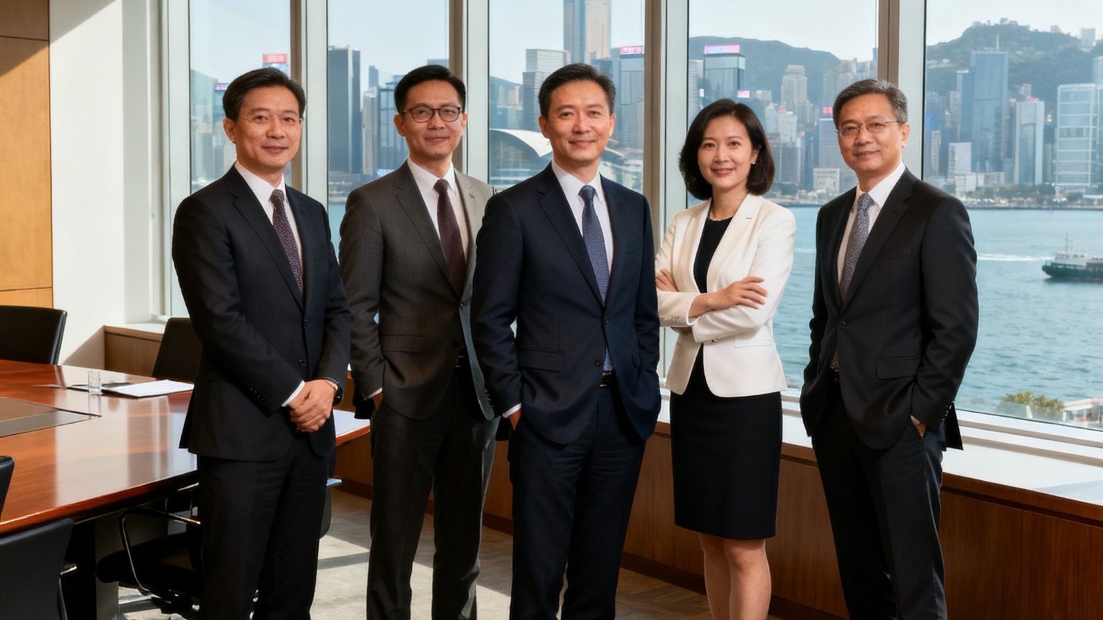 GBTJT贵宾厅集团创始团队在集团总部会议室合影，背景为落地窗俯瞰香港维多利亚港，五位核心成员身着商务正装，神情自信而专业