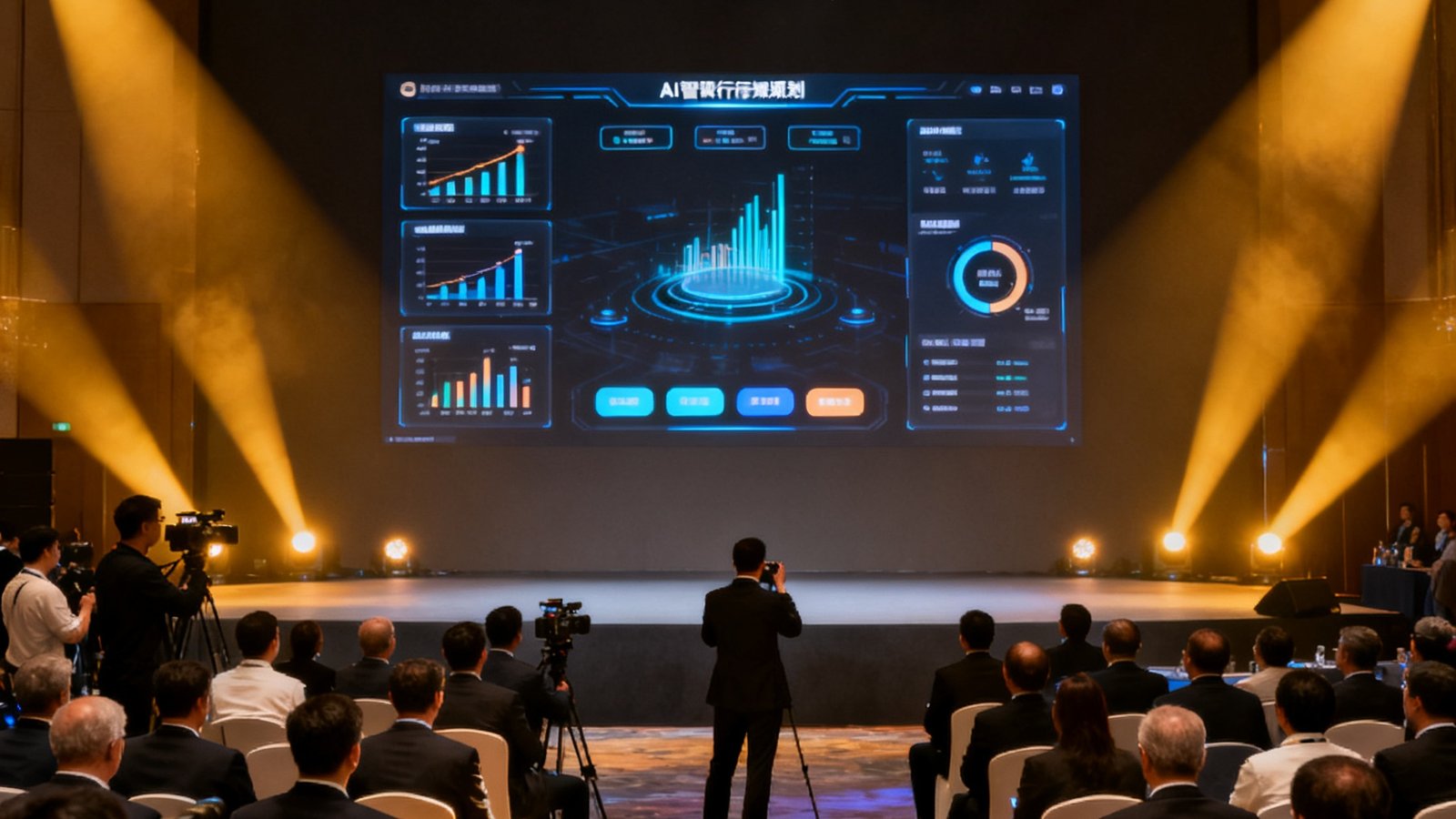 GBTJT贵宾厅集团2025年服务体系升级发布会现场，舞台上展示着全新的AI智能行程规划系统界面，台下坐满了酒店行业嘉宾和媒体记者