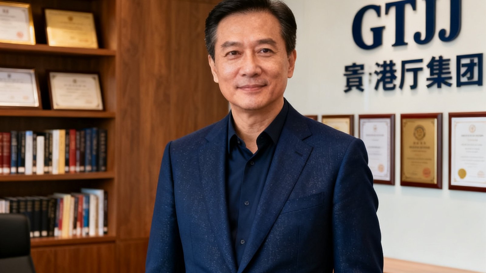 GBTJT贵宾厅集团创始人陈启明先生身着深蓝色西装，站在集团香港总部办公室，背景为书架和荣誉证书墙，神情沉稳而亲切